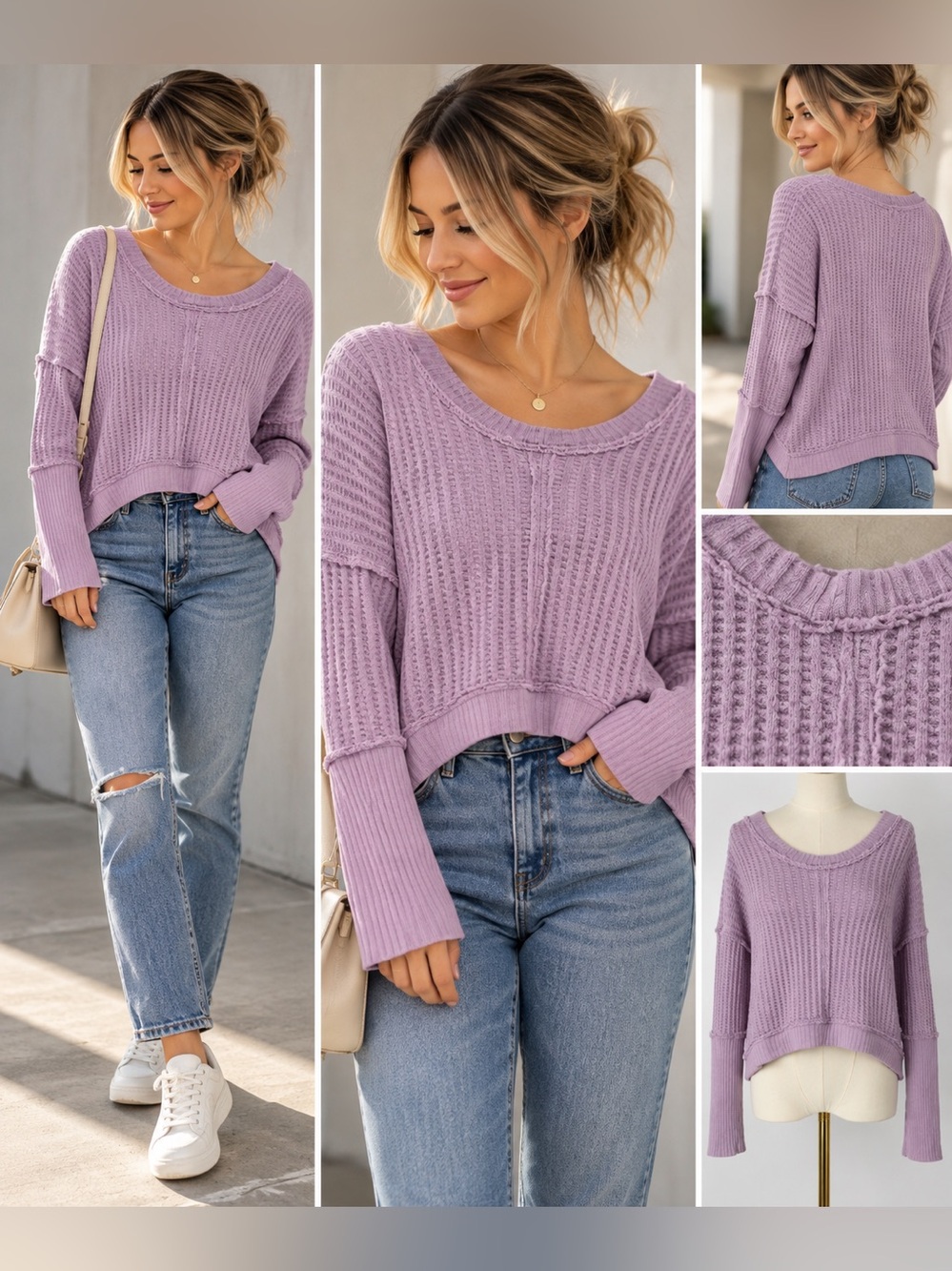 Free People We The Free Purple Waffle Knit High Low Distressed Sweater